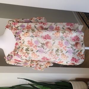 Italy Silk Floral Blouse Flutter Sleeve Boho Flowy Lined Size Large